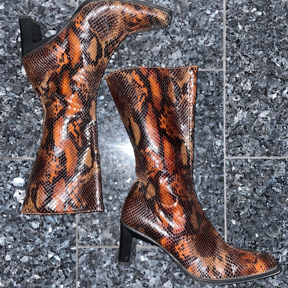 Cordani  Snakeskin Leather Brown Mid Calf Boot Size 6 EU 36 Made In Italy